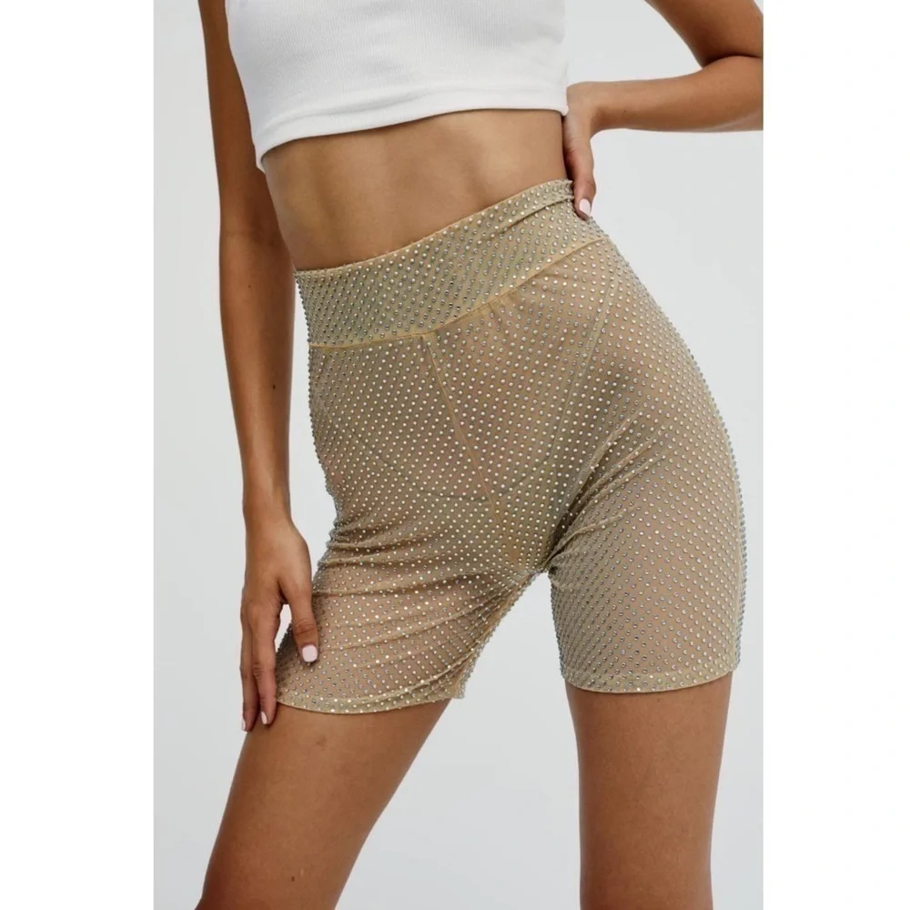 NWT FOR LOVE & LEMONS‎ Rhinestone Sheer Mesh High Waist Festival Bike Shorts XS